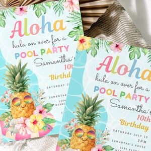 Aloha Birthday Hawaiian Invite, Editable Pineapple Birthday Invitation,Printable Luau Party Invite, Tropical Summer, Digital Download