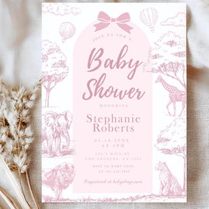 Pink Toile Safari Baby Shower Invitation, Safari Animal Baby girl Shower Digital Invite, Toile de Jouy Baby Shower Invite vintage Safari