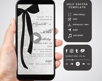 Video Invitation, Black Bow, Editable Thirty invitation for her, Elegant Thirtieth Birthday Party Invite, Digital Download