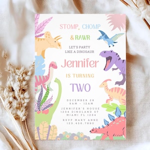 Pastel Dinosaur Birthday Invitation Girl, Editable Canva, Three Rex Party, Editable Invite, Cute Dino Pink, Digital Download