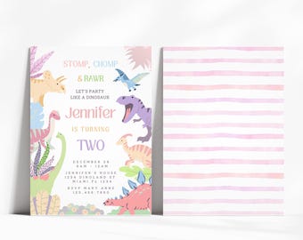 Pastel Dinosaur Birthday Invitation Girl, Three Rex Party ,Editable Canva, Digital Download