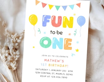Inbjudan till "Fun to Be One"-födelsedag, färgglad första födelsedagsinbjudan, Canva-mall