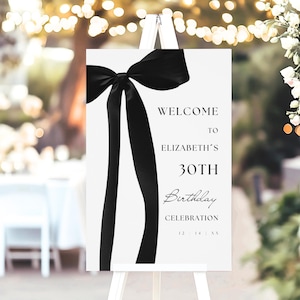 Geburtstag Willkommensschild, Schleife Willkommen Poster Vorlage, Bearbeitbares Schwarzes Bogen Willkommensschild, Ribbon Welcome Board 30. Geburtstag 40.DIY