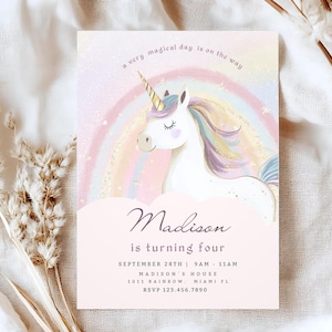 Unicorn Birthday Invitation Template, Minimal Pastel Unicorn Birthday Party Invite, Rainbow Watercolor Unicorn Printable Invitation