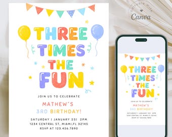 3rd Birthday Invitation, Colorful Three Times The Fun Invite, Girl Boy Party Invite, Canva Template