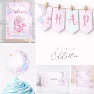 May include: A selection of mermaid-themed party decorations. Includes a welcome sign with the text "Welcome to Kailen's 5th Birthday Party", a banner spelling "HAP", cupcake toppers, a cookies sign, and a framed sign.
