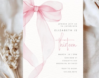 Pink Bow Birthday Invitation, Girl Birthday Party Invite, Coquette Pink Bow, Editable Canva Template, Digital Download