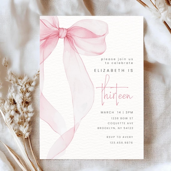 Pink Bow Birthday Invitation, Any Age, Girl Birthday Party Invite, Coquette Pink Bow, Editable Canva Template, Digital Download
