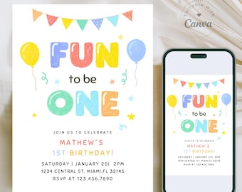 Invitación de cumpleaños "Fun to Be One", colorida invitación para el primer cumpleaños, plantilla de Canva