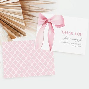 Plantilla de tarjeta de agradecimiento con lazo rosa, etiqueta de agradecimiento imprimible, tarjeta de agradecimiento para baby shower con lazo rosa, tarjeta de agradecimiento con lazo rosa, baby shower de niña