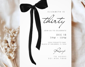 Thirtieth birthday invitation, 30th Birthday Invitation, Black Bow, Coquette Party Invite, Adult Invitation, for a woman, Digital Download