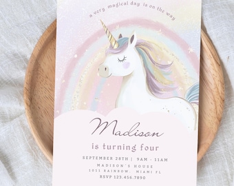 May include: A pastel-colored invitation card featuring a unicorn illustration with a rainbow background. The text "a very magical day is on the way" is at the top. The invitation is for Madison's fourth birthday, with date, time, and location details.