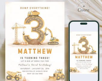 Construction Birthday Invitation, Construction Invitation, Dump Truck Party Invite, 3rd Birthday Invite Printable Template, Editable Canva