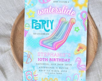 Waterslide Birthday Invitation, Girl Splash Party, Neon Tie Dye, Summer Invitation, Girl Pool Party invitation,Digital Download