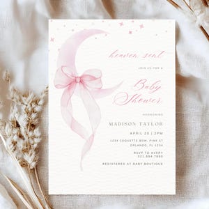Heaven Sent Baby Shower Invitation, Moon Bow, Pink Moon Invitation Template, Piece of Heaven Baby Shower Invite, Girl Baby shower