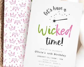 Wicked Birthday Invitation, Green & Pink, Editable Template (PDF)