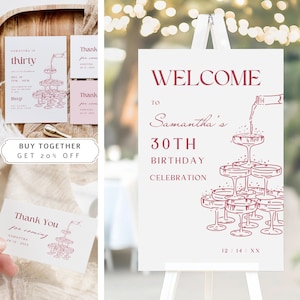 Pacote de aniversário de 30 anos, pacote de torre de champanhe desenhada à mão, convite + cartão de agradecimento + placa de boas-vindas, modelo editável 30º 40º 50º