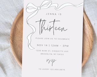 White Bow Invitation, Elegant Party Invite, Girls Coquette, Editable CanvaTemplate, Digital Download