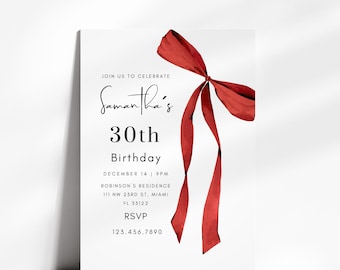 30e verjaardagsuitnodiging, Coquette Red Bow 30e verjaardagsuitnodiging, digitale download