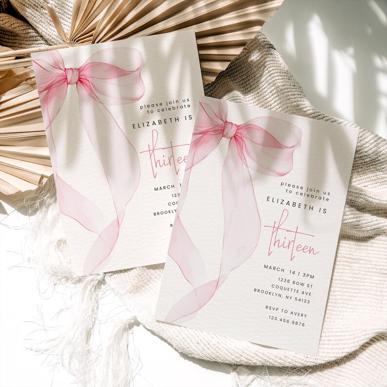 May include: Pink watercolour bow with the text "Please join us to celebrate Elizabeth is thirteen" and details for a birthday party. The date is March 14th at 3 PM, the address is 1236 Bow St, Coquette Ave, Brooklyn, NY 54123, and the RSVP is to Avery at 123.456.9876.