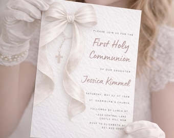 First Holy Communion Invitation Template , White Bow Communion Invite, Girl Communion Invite, Editable First Communion Invitation