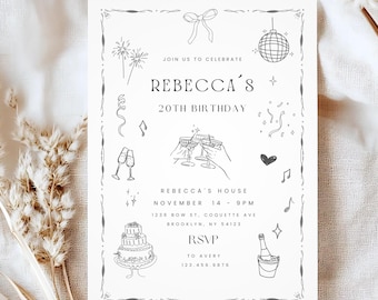 30th birthday Party Invite Coquette Birthday Invitation Template, Hand Drawn Line Art Digital Download