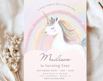 Unicorn Party Invitation, Girls Birthday Party, Unicorn Invite, Pink Pastel Unicorn Birthday Invitation, Rainbow Unicorn, Digital Download