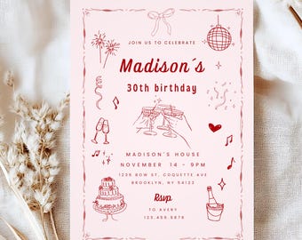 30th Birthday Invitation Template, Red Hand-Drawn Line Art