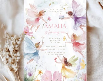Faire-part premier anniversaire fée, 1er anniversaire floral pastel pastel, invitation imprimable, fête de thé jardin féerique fleurs sauvages, téléchargement numérique