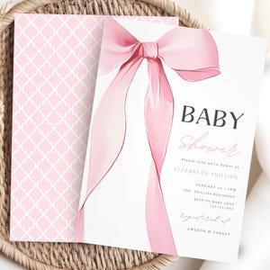 Pink Bow Baby Shower Invitation Template Printable, Baby Girl, Pink Coquette Baby Shower Invite, Baby Shower Invite Girl Bow, Pink Ribbon