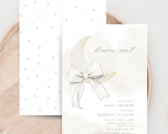 Heaven Sent Invitation, Baby Shower Invite, Moon Bow Template, White Moon,Digital Download