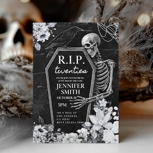 May include: Black and white invitation with a skeleton holding a coffin. A raven sits atop the coffin, with the text "R.I.P. twenties" and event details. Floral accents surround the invitation, creating a gothic theme.