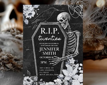 May include: Black and white invitation with a skeleton holding a coffin. A raven sits atop the coffin, with the text "R.I.P. twenties" and event details. Floral accents surround the invitation, creating a gothic theme.