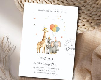 Safari Animals Birthday Invitation, Jungle Party, Editable Canva Template, Digital Download