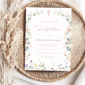 Wildflower Baptism Invitation Template | Wildflowers Christening Invitation | Religious Cross | Floral Invitation