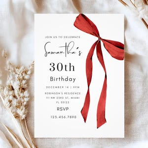 Invitación de cumpleaños número 30 con lazo rojo coqueto, invitación editable para ella por su vigésimo cumpleaños, invitación editable para fiesta de cumpleaños número 30, lazo rojo digital DIY