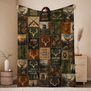 Hunting Lodge Patchwork Sherpa Fleece Blanket | Deer Antler Cabin Decor | Hunting Blanket | Gift for Hunter | Gift for Him | Outdoor Blanket