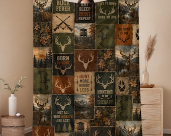 Hunting Lodge Patchwork Sherpa Fleece Blanket | Deer Antler Cabin Decor | Hunting Blanket | Gift for Hunter | Gift for Him | Outdoor Blanket
