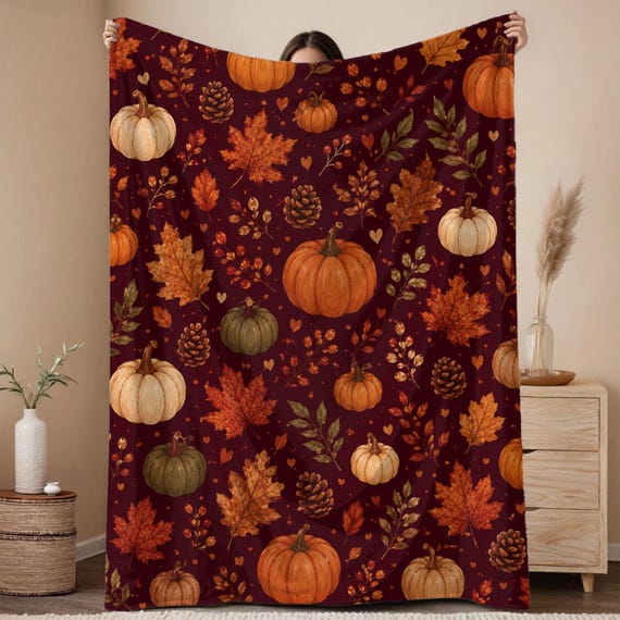 Autumn Leaves Cozy Throw Blanket | Fall Blanket | Leaves and Pumpkins Blanket | Fall Decor | Plush and Sherpa Blanket