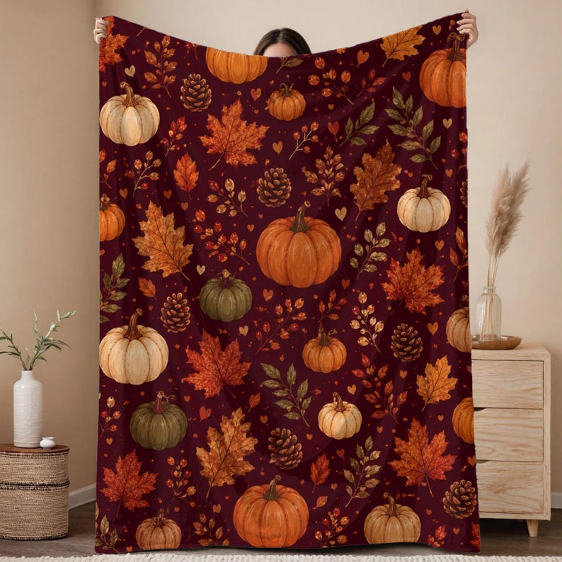 Autumn Leaves Cozy Throw Blanket | Fall Blanket | Leaves and Pumpkins Blanket | Fall Decor | Plush and Sherpa Blanket image 1