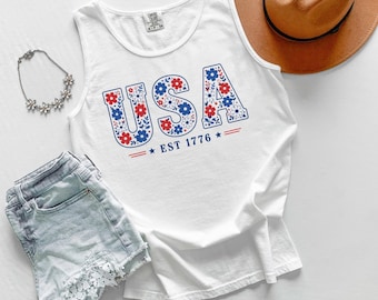 USA floral letters tank top | EST 1776 patriotic Fourth of July shirt | Summer Patriotic Tank Top | Red White and Blue Shirt | USA Shirt