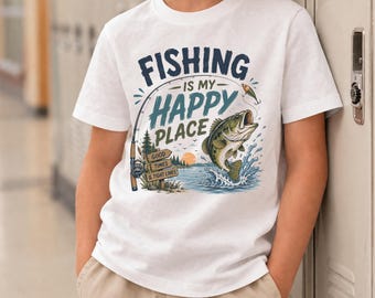 Fishing Is My Happy Place Youth Tee | Bass Fish Graphic, Lake Camping | Youth Fishing Shirt | Kids Fishing Tshirt
