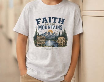 Faith Can Move Mountains Youth Tee | Mountain Tee | Inspirational Nature Design | Youth Christian Shirt | Kids Faith Shirt