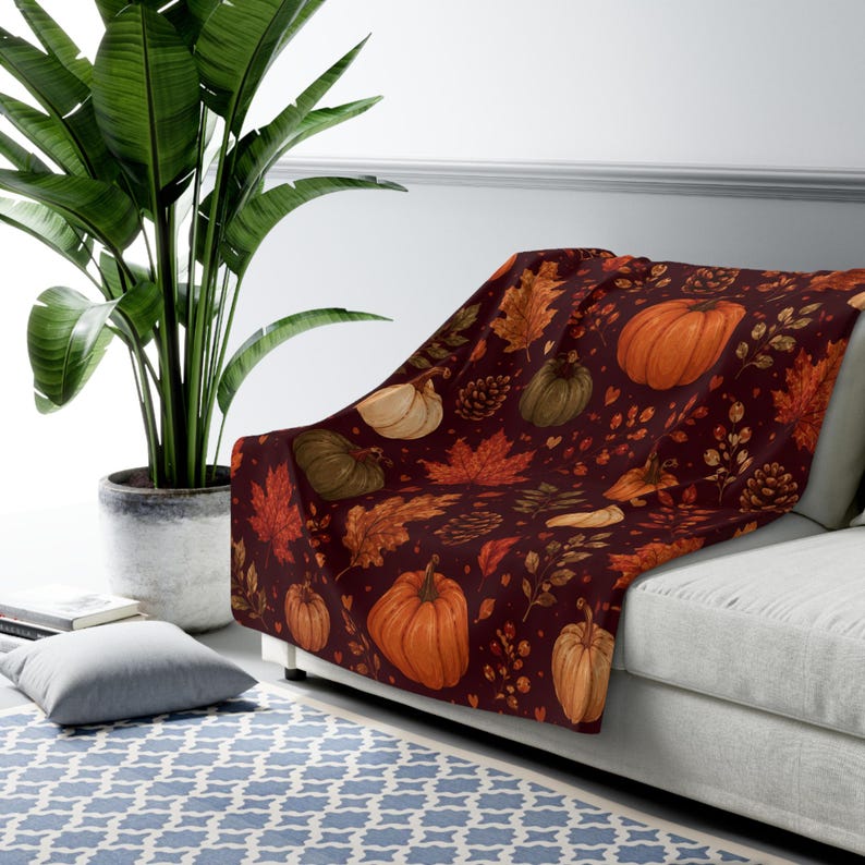Autumn Leaves Cozy Throw Blanket | Fall Blanket | Leaves and Pumpkins Blanket | Fall Decor | Plush and Sherpa Blanket image 7