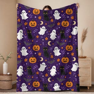 Cute Halloween Plush Blanket | Ghosts, Pumpkins & Black Cats Sherpa Throw | Halloween Blanket | Spooky Blanket | Kids Halloween Blanket