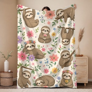 Manta de forro polar Sherpa con estampado floral de perezoso / Manta acogedora con estampado de perezoso / Manta de perezoso / Regalo para amantes de los animales / Regalos de perezosos