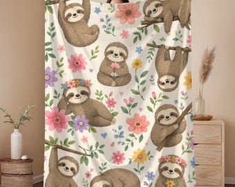 Floral Sloth Sherpa Fleece Blanket | Cute Sloth Cozy Throw | Sloth Blanket | Animal Lover Gift | Sloth Gifts