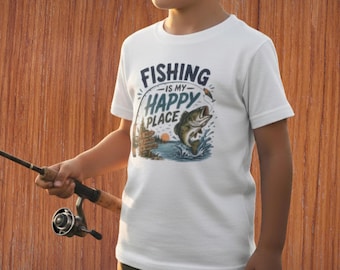 Fishing Is My Happy Place Youth Tee | Bass Fish Graphic, Lake Camping | Youth Fishing Shirt | Kids Fishing Tshirt