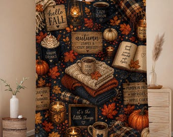 Autumn Cozy Fall Throw Blanket | Pumpkin, Plaid & Warm Drink Fall Decor | Cozy Fall Blanket | Fall Reading Blanket | Pumpkin Decor