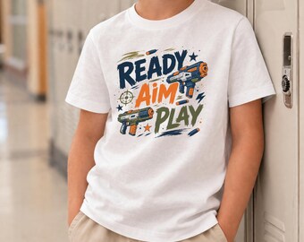 Ready Aim Play Youth Tee | Toy Blaster Gaming Graphic | Nerf Gun Shirt | Kids Blaster Shirt | Youth Play Tshirt